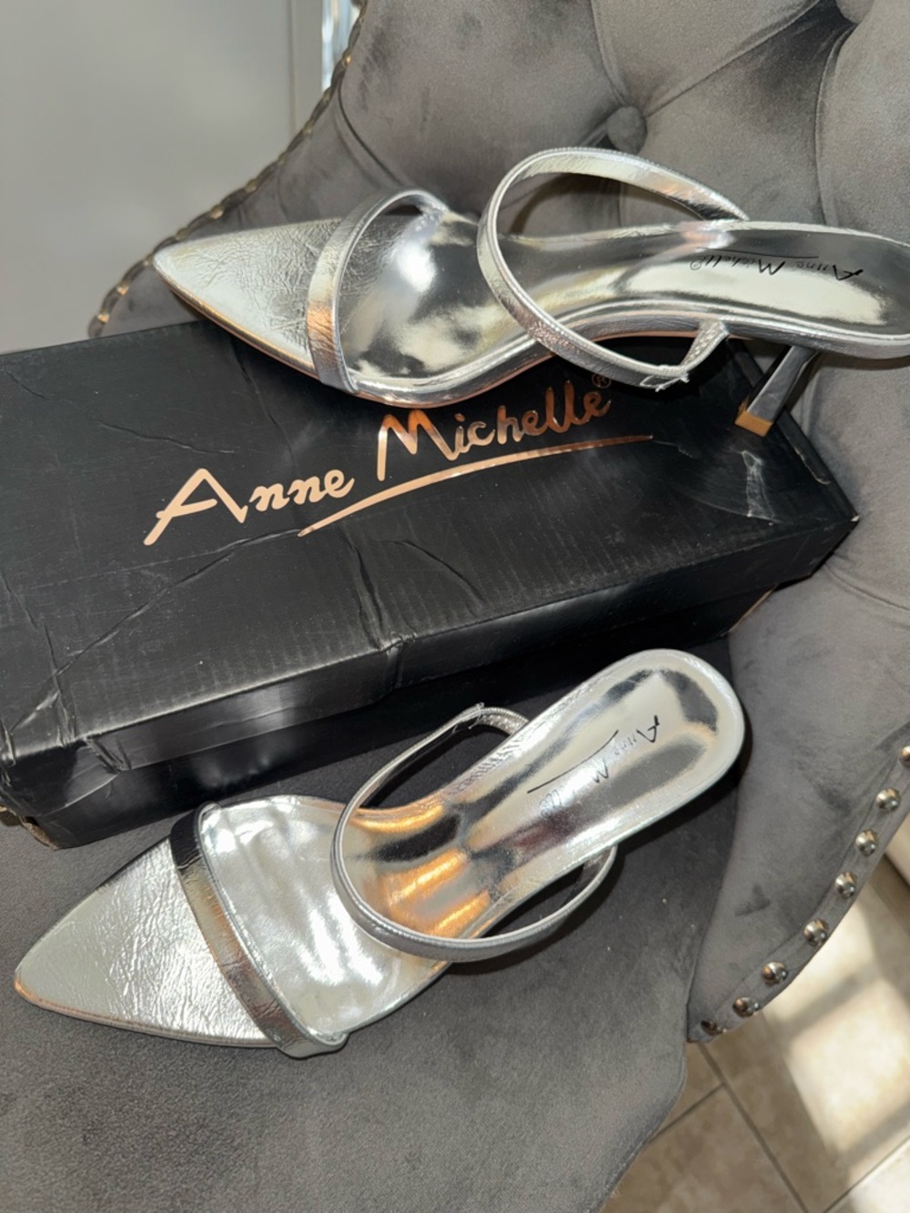 Anne Michelle Silver Metallic Pointed Toe Strappy Heels